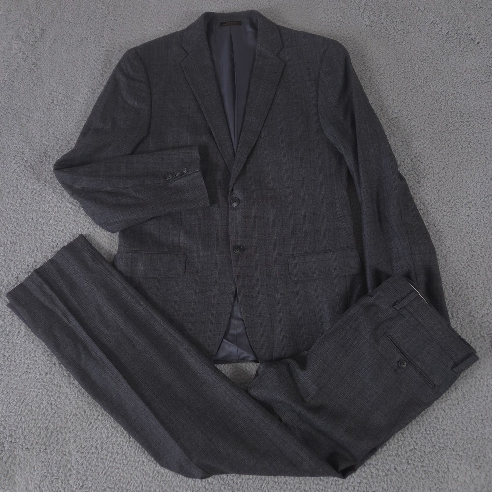Jos A Bank 2-Piece Suit Mens 41 Long Pants 35x32 Gray Windowpane‎ Reserve Napoli